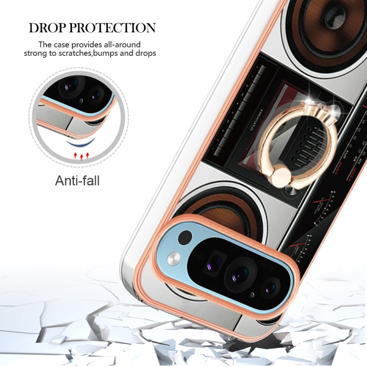 For Google Pixel 9 / 9 Pro Electroplating Dual-side IMD Phone Case with Ring Holder(Retro Radio)
