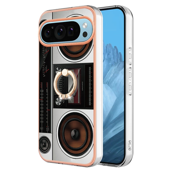 For Google Pixel 9 / 9 Pro Electroplating Dual-side IMD Phone Case with Ring Holder(Retro Radio)