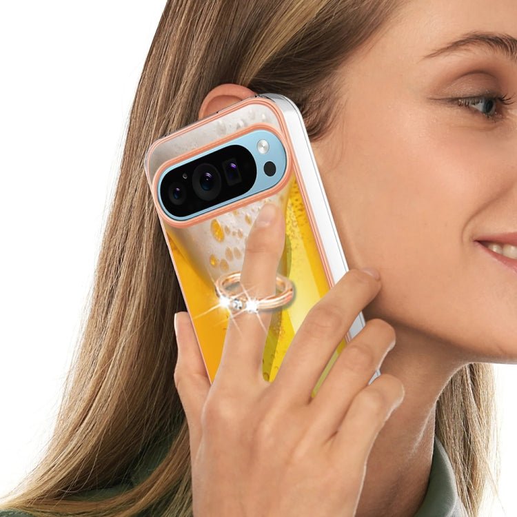 For Google Pixel 9 / 9 Pro Electroplating Dual-side IMD Phone Case with Ring Holder(Draft Beer)