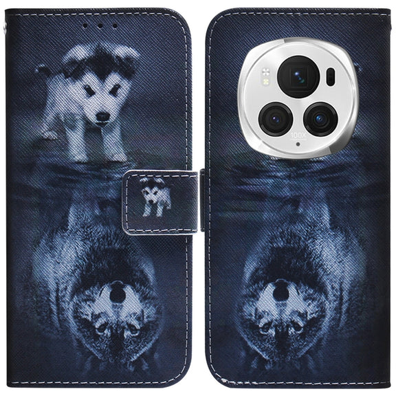 For Honor Magic6 Pro Coloured Drawing Flip Leather Phone Case(Wolf and Dog)