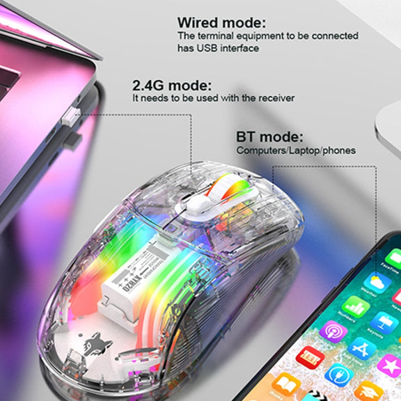 XUNFOX XYH20RGB 2.4G + BT + Wired Transparent 2400DPI RGB Light Gaming Mouse(White)