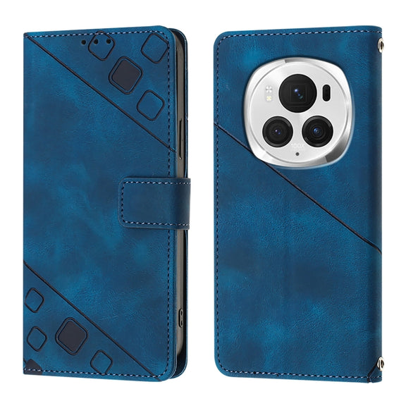 For Honor Magic6 Pro 5G Global Skin-feel Embossed Leather Phone Case(Blue)