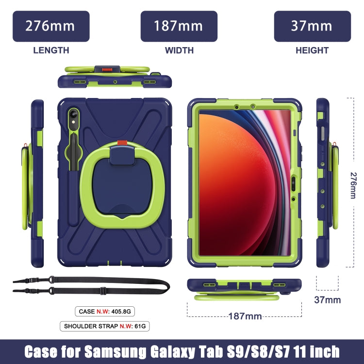 For Samsung Galaxy Tab S9 / S8 / S7 Silicone Hybrid PC Tablet Case with Holder & Shoulder Strap(Navy Blue Olivine)