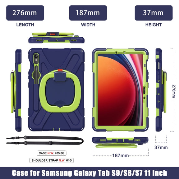 For Samsung Galaxy Tab S9 / S8 / S7 Silicone Hybrid PC Tablet Case with Holder & Shoulder Strap(Navy Blue Olivine)