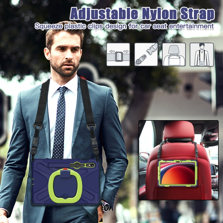 For Samsung Galaxy Tab S9 / S8 / S7 Silicone Hybrid PC Tablet Case with Holder & Shoulder Strap(Navy Blue Olivine)