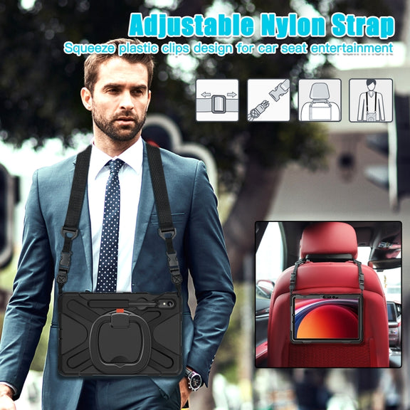 For Samsung Galaxy Tab S9 / S8 / S7 Silicone Hybrid PC Tablet Case with Holder & Shoulder Strap(Black)