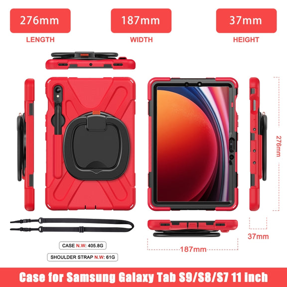 For Samsung Galaxy Tab S9 / S8 / S7 Silicone Hybrid PC Tablet Case with Holder & Shoulder Strap(Red)