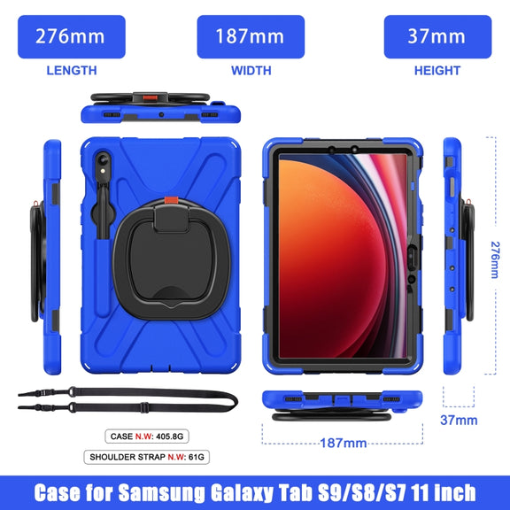 For Samsung Galaxy Tab S9 / S8 / S7 Silicone Hybrid PC Tablet Case with Holder & Shoulder Strap(Blue)