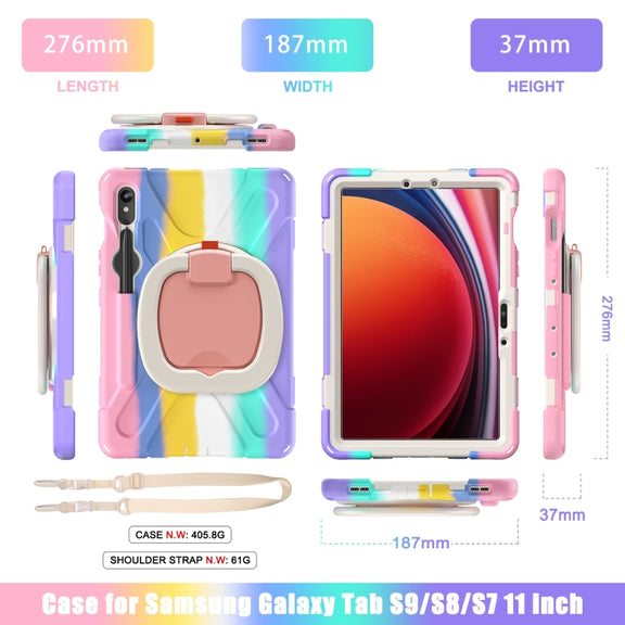 For Samsung Galaxy Tab S9 / S8 / S7 Silicone Hybrid PC Tablet Case with Holder & Shoulder Strap(Colorful Pink)