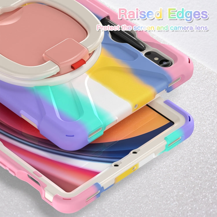 For Samsung Galaxy Tab S9 / S8 / S7 Silicone Hybrid PC Tablet Case with Holder & Shoulder Strap(Colorful Pink)