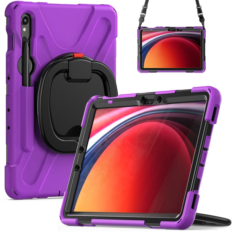 For Samsung Galaxy Tab S9 / S8 / S7 Silicone Hybrid PC Tablet Case with Holder & Shoulder Strap(Purple)