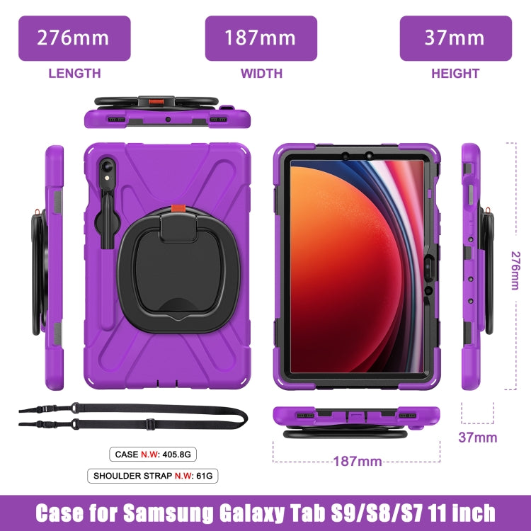 For Samsung Galaxy Tab S9 / S8 / S7 Silicone Hybrid PC Tablet Case with Holder & Shoulder Strap(Purple)