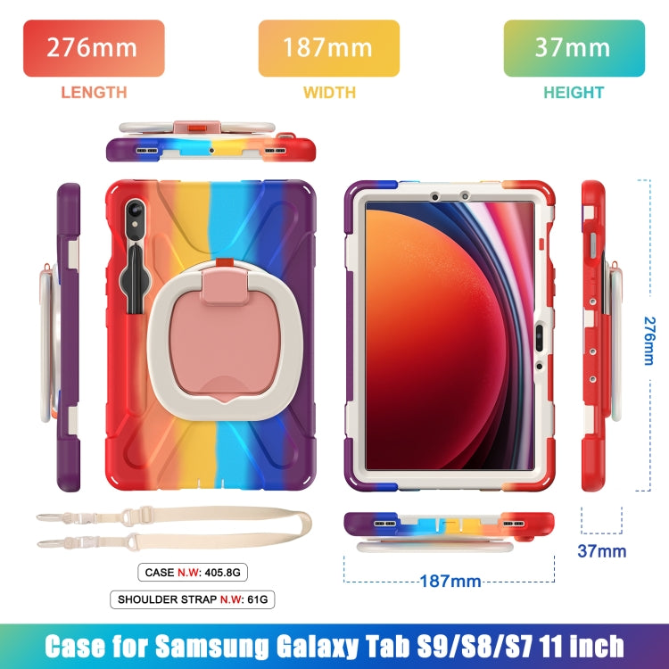 For Samsung Galaxy Tab S9 / S8 / S7 Silicone Hybrid PC Tablet Case with Holder & Shoulder Strap(Colorful Red)