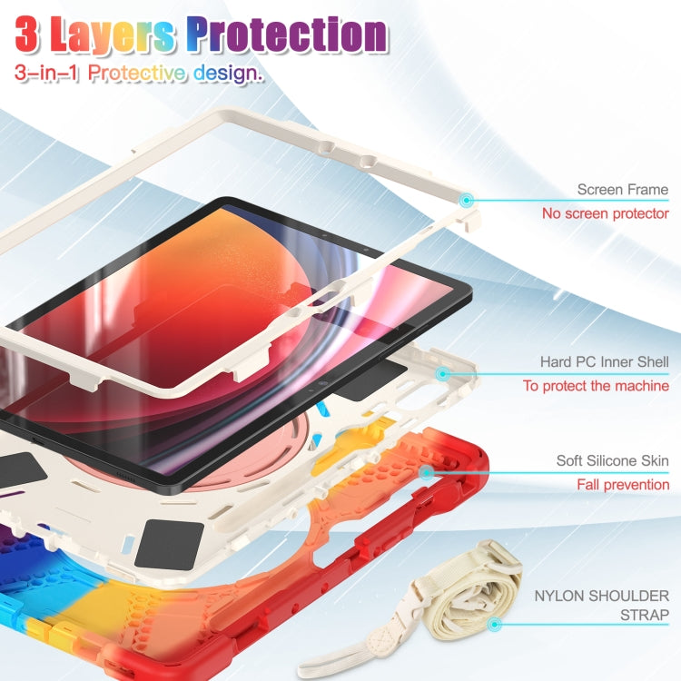 For Samsung Galaxy Tab S9 / S8 / S7 Silicone Hybrid PC Tablet Case with Holder & Shoulder Strap(Colorful Red)