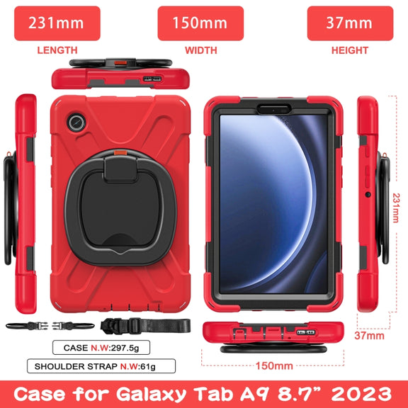 For Samsung Galaxy Tab A9 Silicone Hybrid PC Tablet Case with Holder & Shoulder Strap(Red)
