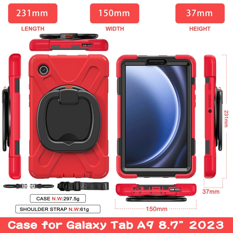 For Samsung Galaxy Tab A9 Silicone Hybrid PC Tablet Case with Holder & Shoulder Strap(Red)