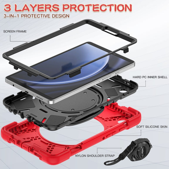 For Samsung Galaxy Tab A9 Silicone Hybrid PC Tablet Case with Holder & Shoulder Strap(Red)
