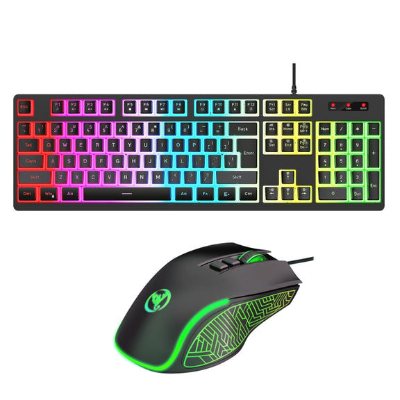 HXSJ L200+X100 Wired RGB Backlit Keyboard and Mouse Set 104 Pudding Key Caps + 3600DPI Mouse(Black)