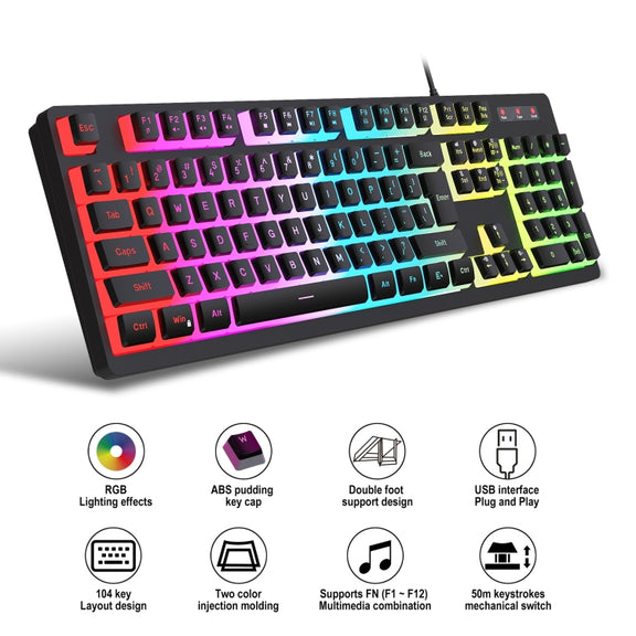 HXSJ L200+X100 Wired RGB Backlit Keyboard and Mouse Set 104 Pudding Key Caps + 3600DPI Mouse(Black)