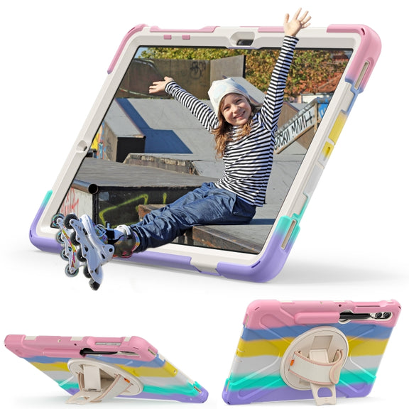 For Samsung Galaxy Tab S9+ / S8+ Rotatable Kickstand Grip Heavy Duty Hard Rugged Tablet Case(Colorful Pink)