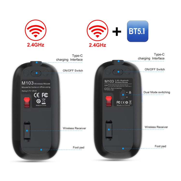 HXSJ M103 1600DPI UV Dual Mode 2.4GHz + Bluetooth 5.1 Wireless Rechargeable Mouse(Black)