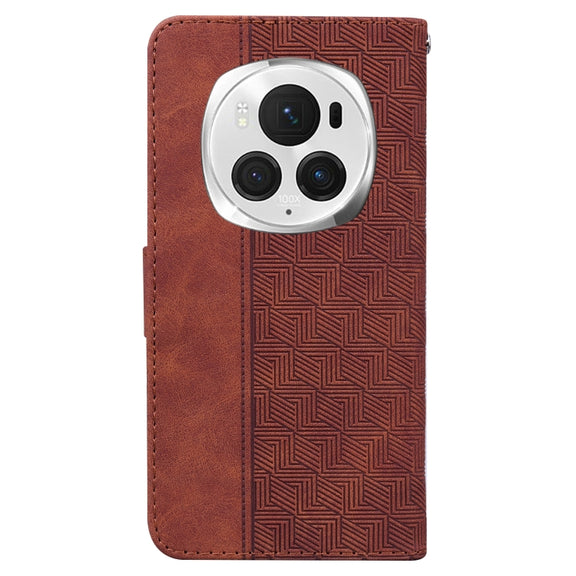 For Honor Magic6 Pro Geometric Embossed Leather Phone Case(Brown)