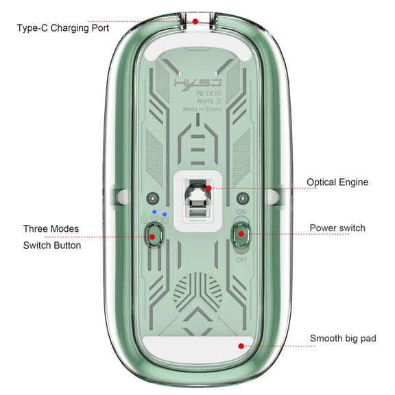 HXSJ T900 Transparent Magnet Three-mode Wireless Gaming Mouse(Bean Green)