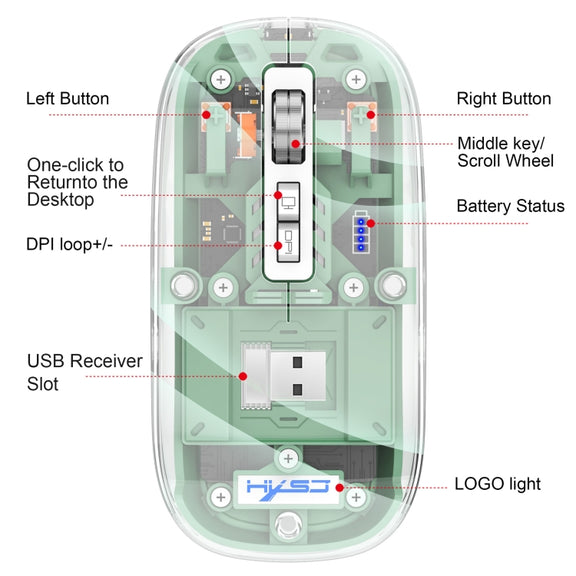 HXSJ T900 Transparent Magnet Three-mode Wireless Gaming Mouse(Bean Green)