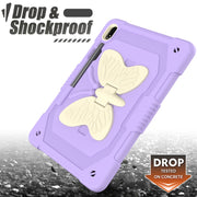 For Samsung Galaxy Tab S9 Butterfly Kickstand Heavy Duty Hard Rugged Tablet Case(Beige+Raro Purple)
