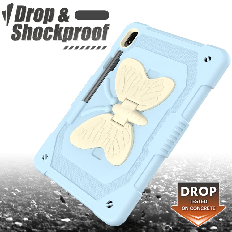 For Samsung Galaxy Tab S9 Butterfly Kickstand Heavy Duty Hard Rugged Tablet Case(Beige+Ice Blue)