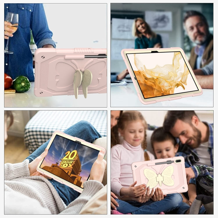 For Samsung Galaxy Tab S9 Butterfly Kickstand Heavy Duty Hard Rugged Tablet Case(Beige+Rose Pink)