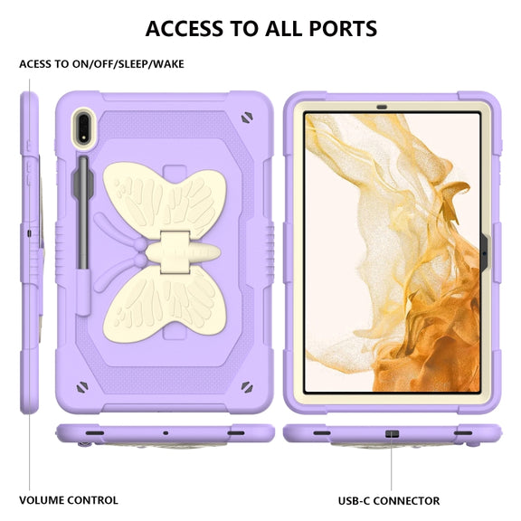For Samsung Galaxy Tab S9+ Butterfly Kickstand Heavy Duty Hard Rugged Tablet Case(Beige+Raro Purple)