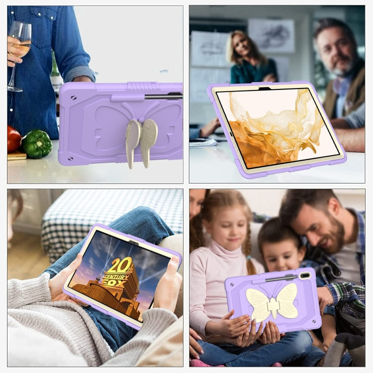 For Samsung Galaxy Tab S9+ Butterfly Kickstand Heavy Duty Hard Rugged Tablet Case(Beige+Raro Purple)