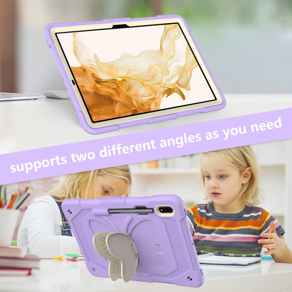 For Samsung Galaxy Tab S9+ Butterfly Kickstand Heavy Duty Hard Rugged Tablet Case(Beige+Raro Purple)