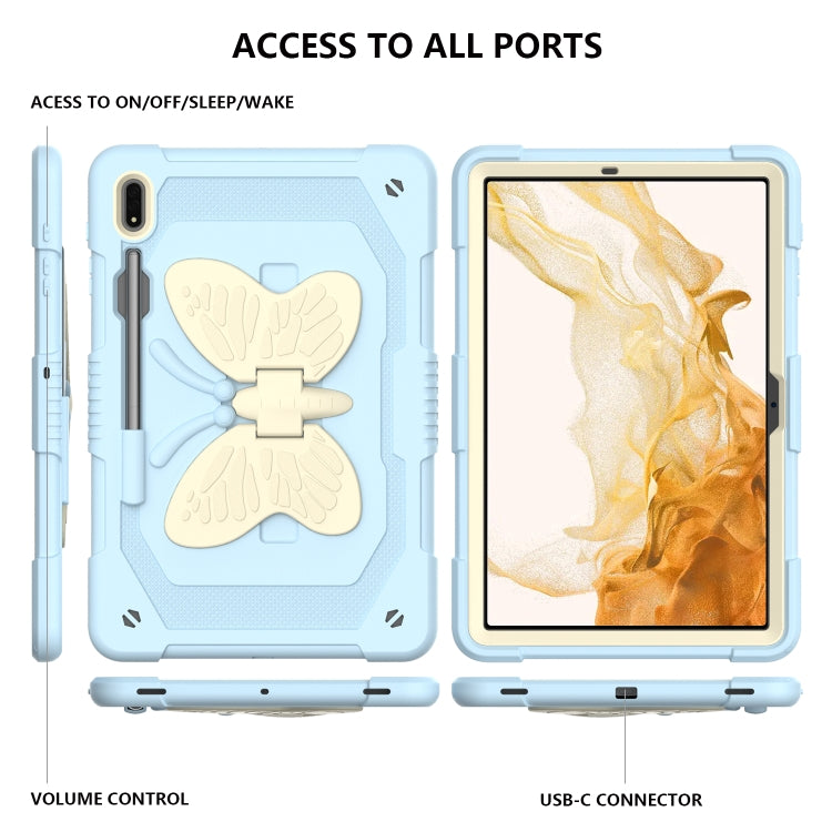 For Samsung Galaxy Tab S9+ Butterfly Kickstand Heavy Duty Hard Rugged Tablet Case(Beige+Ice Blue)