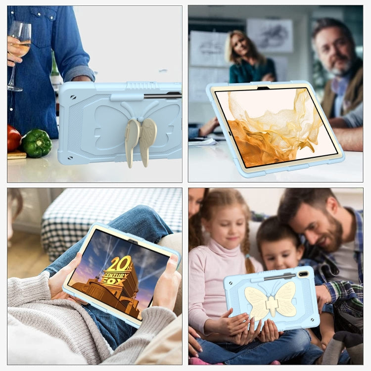 For Samsung Galaxy Tab S9+ Butterfly Kickstand Heavy Duty Hard Rugged Tablet Case(Beige+Ice Blue)