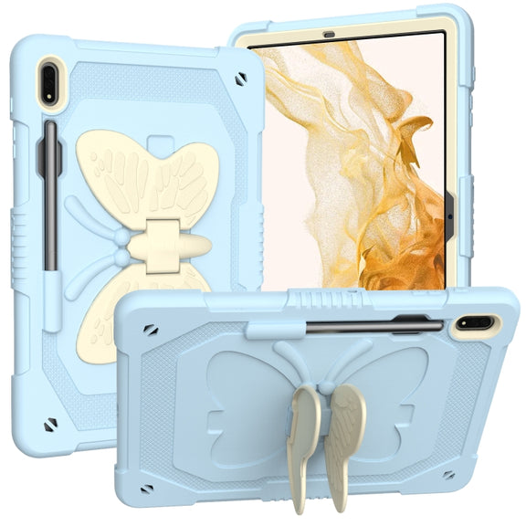 For Samsung Galaxy Tab S9+ Butterfly Kickstand Heavy Duty Hard Rugged Tablet Case(Beige+Ice Blue)