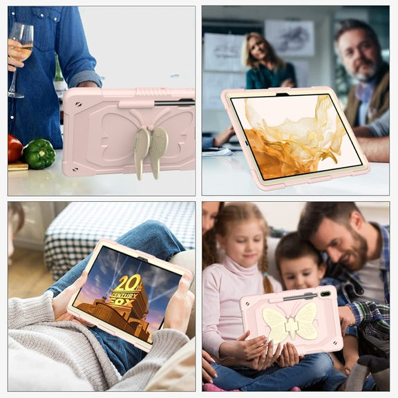 For Samsung Galaxy Tab S9+ Butterfly Kickstand Heavy Duty Hard Rugged Tablet Case(Beige+Rose Pink)