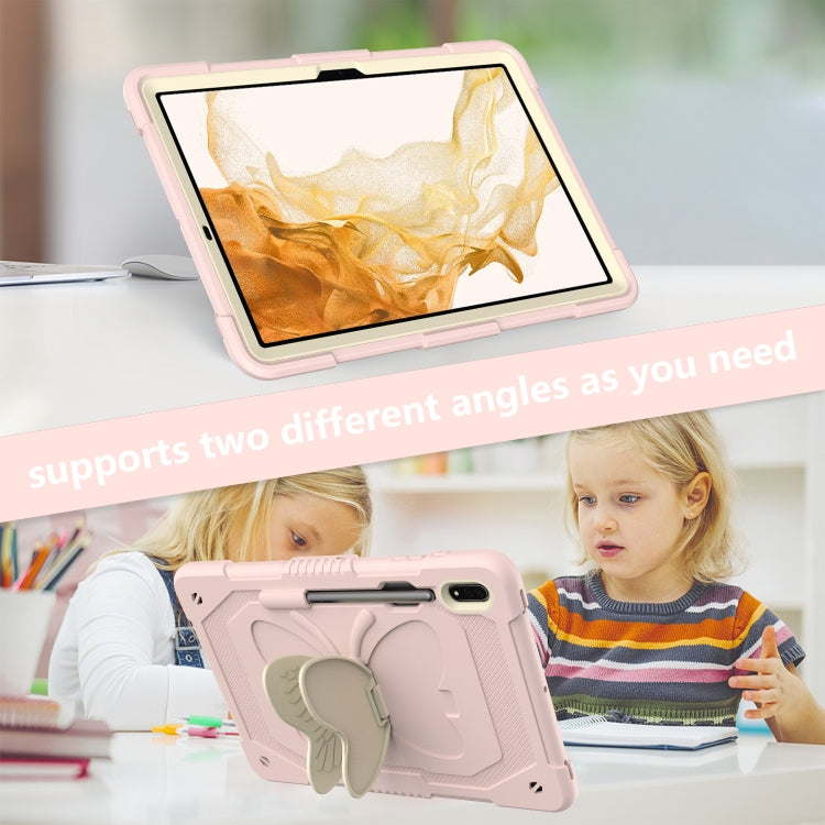 For Samsung Galaxy Tab S9+ Butterfly Kickstand Heavy Duty Hard Rugged Tablet Case(Beige+Rose Pink)