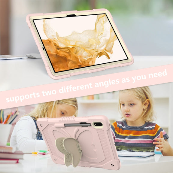 For Samsung Galaxy Tab S9+ Butterfly Kickstand Heavy Duty Hard Rugged Tablet Case(Beige+Rose Pink)
