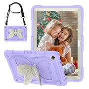 For Samsung Galaxy Tab A9+ Butterfly Kickstand Heavy Duty Hard Rugged Tablet Case(Beige+Raro Purple)