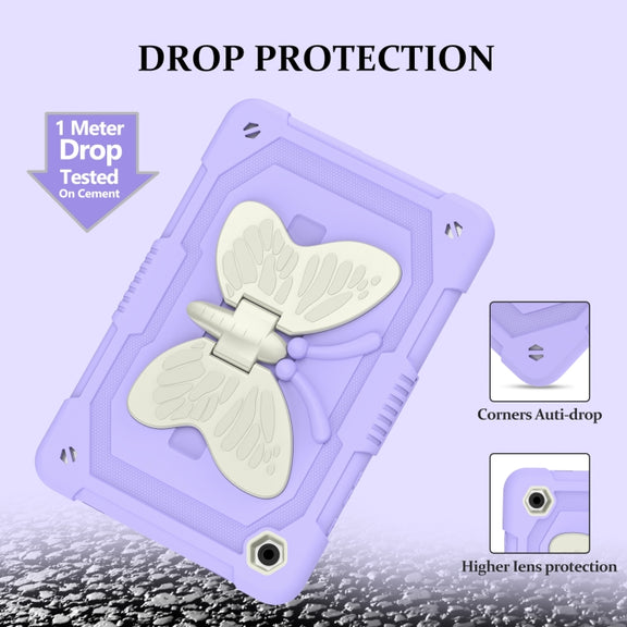 For Samsung Galaxy Tab A9+ Butterfly Kickstand Heavy Duty Hard Rugged Tablet Case(Beige+Raro Purple)