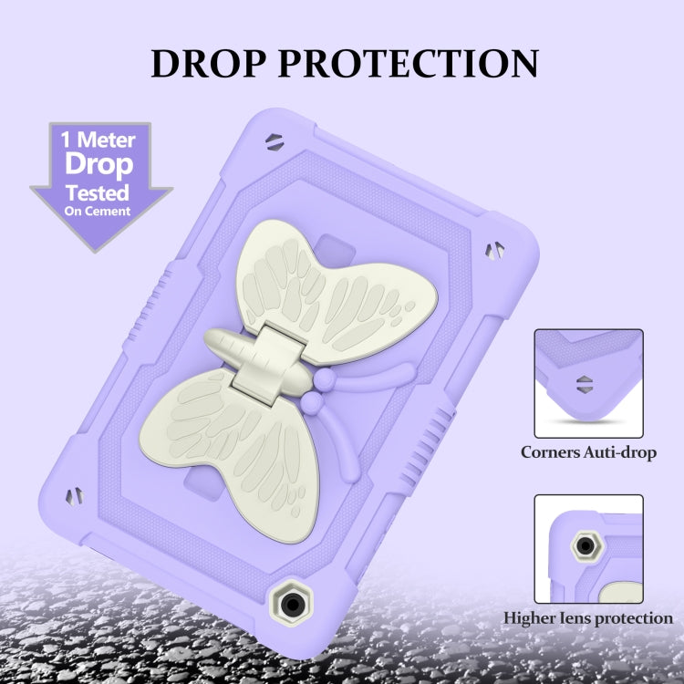 For Samsung Galaxy Tab A9+ Butterfly Kickstand Heavy Duty Hard Rugged Tablet Case(Beige+Raro Purple)