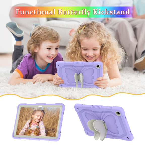For Samsung Galaxy Tab A9+ Butterfly Kickstand Heavy Duty Hard Rugged Tablet Case(Beige+Raro Purple)