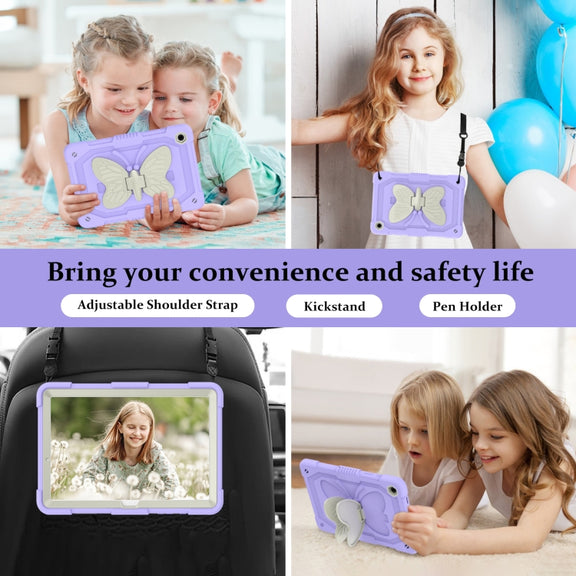 For Samsung Galaxy Tab A9+ Butterfly Kickstand Heavy Duty Hard Rugged Tablet Case(Beige+Raro Purple)