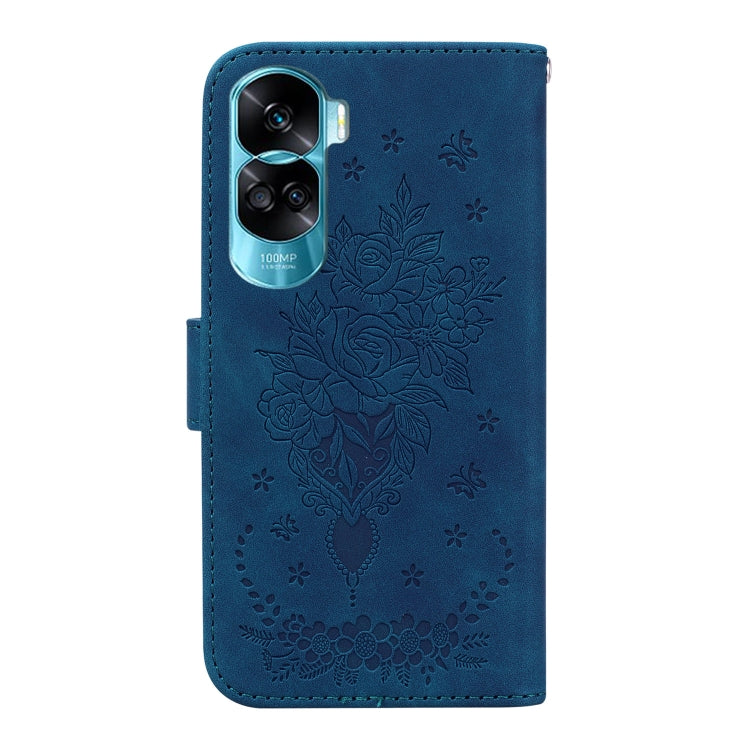 For Honor 90 Lite Butterfly Rose Embossed Leather Phone Case(Blue)