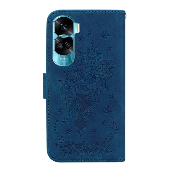 For Honor 90 Lite Butterfly Rose Embossed Leather Phone Case(Blue)