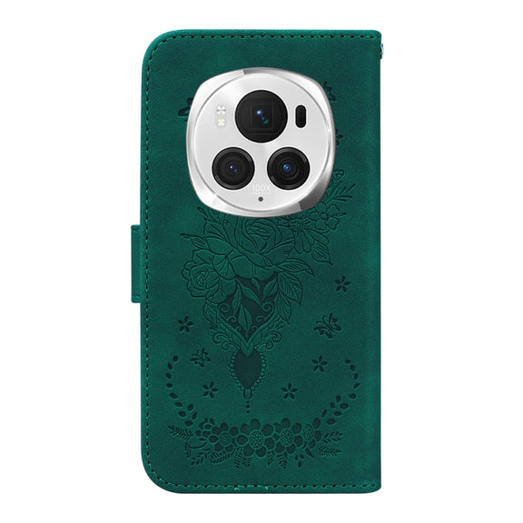For Honor Magic6 Pro Butterfly Rose Embossed Leather Phone Case(Green)
