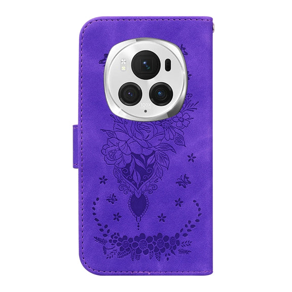 For Honor Magic6 Pro Butterfly Rose Embossed Leather Phone Case(Purple)