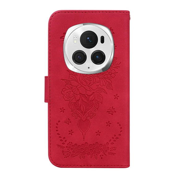 For Honor Magic6 Pro Butterfly Rose Embossed Leather Phone Case(Red)